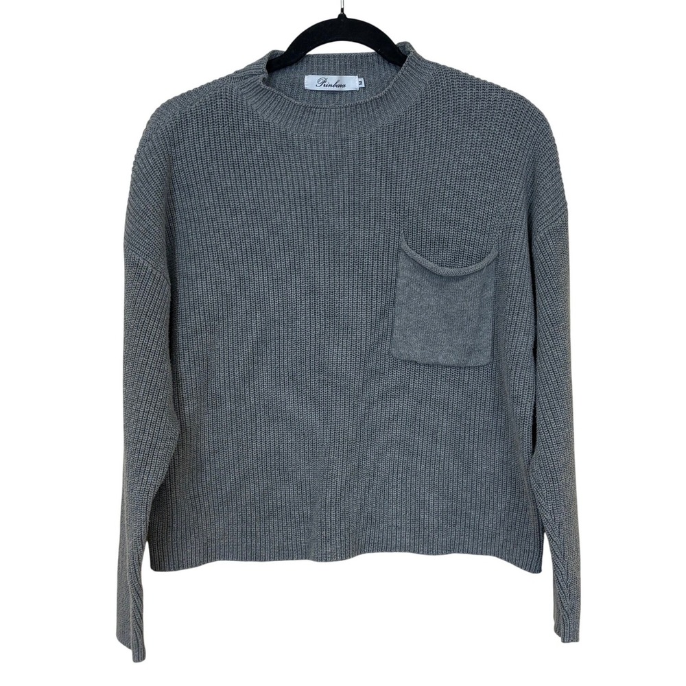Prinbara Mock Neck Sweater Womens Size‎ M Gray Ribbed Knit Pocket Pullover